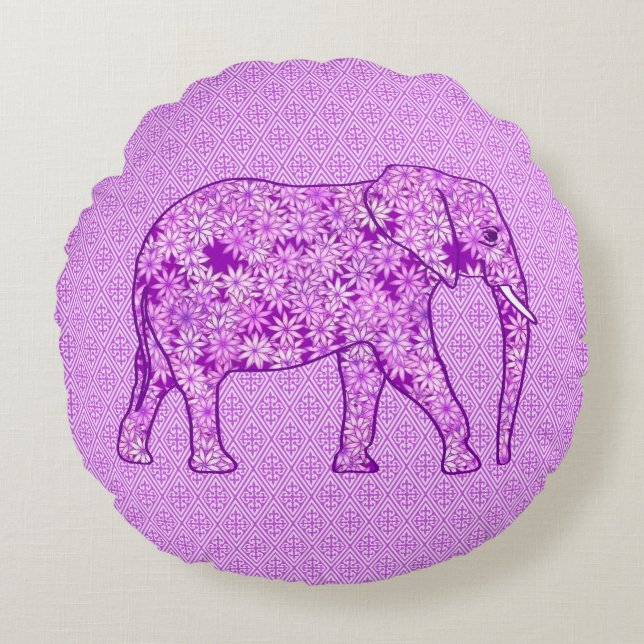 Flower elephant - amethyst purple round cushion (Front)