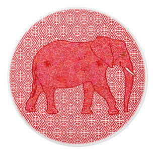 Flower Elephant, Deep Red and Coral Ceramic Knob