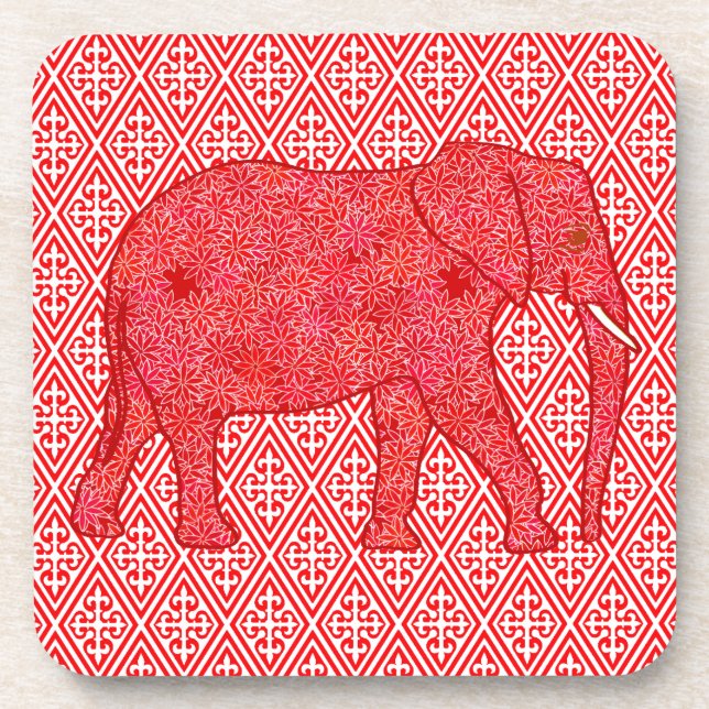 Flower elephant - deep red and coral coaster (Front)