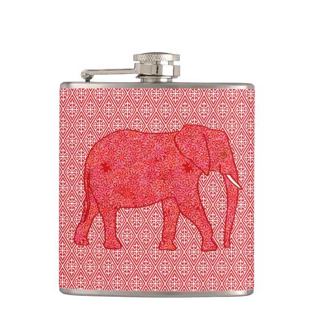 Flower elephant - deep red and coral hip flask (Front)