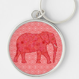 Flower elephant - deep red and coral key ring