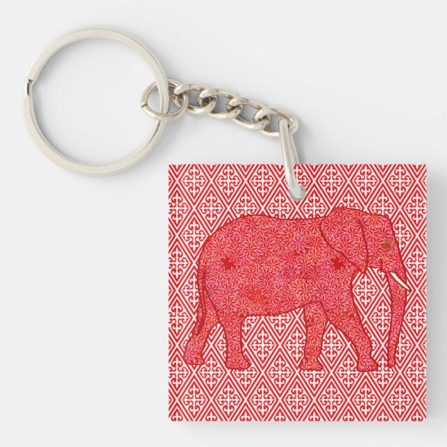 Flower elephant - deep red and coral key ring (Front)