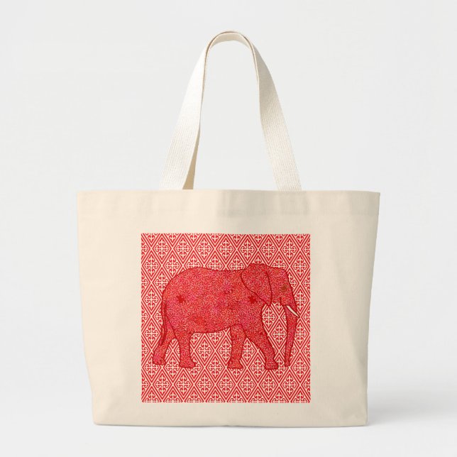 Flower elephant - deep red and coral large tote bag (Front)