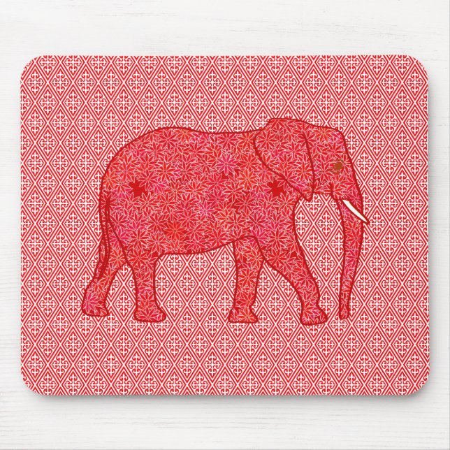 Flower elephant - deep red and coral mouse mat (Front)