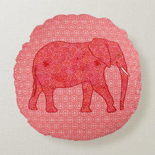 Flower elephant - deep red and coral round cushion