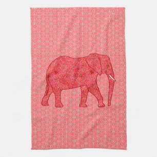 Flower elephant - deep red and coral tea towel