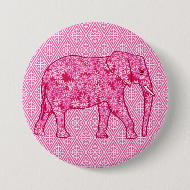 Flower elephant - fuchsia pink 7.5 cm round badge (Front)