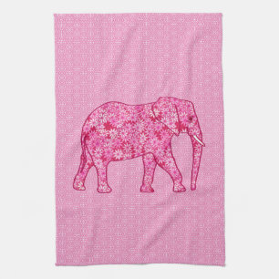 Flower elephant - fuchsia pink tea towel