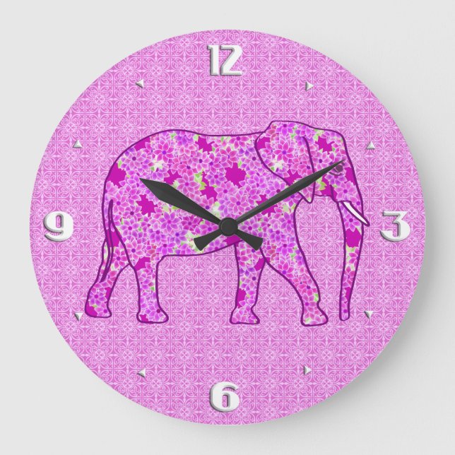 Flower elephant - orchid and magenta large clock (Front)