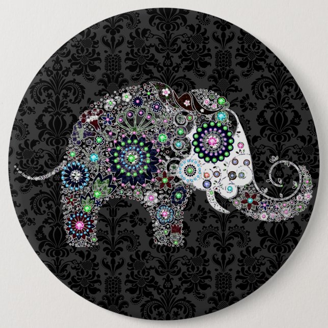 Flower Elephant With Colourful Diamond Studs 6 Cm Round Badge (Front)