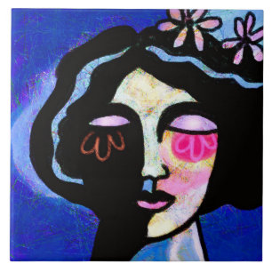 Flower Face Abstract Digital Portrait of a Woman Tile