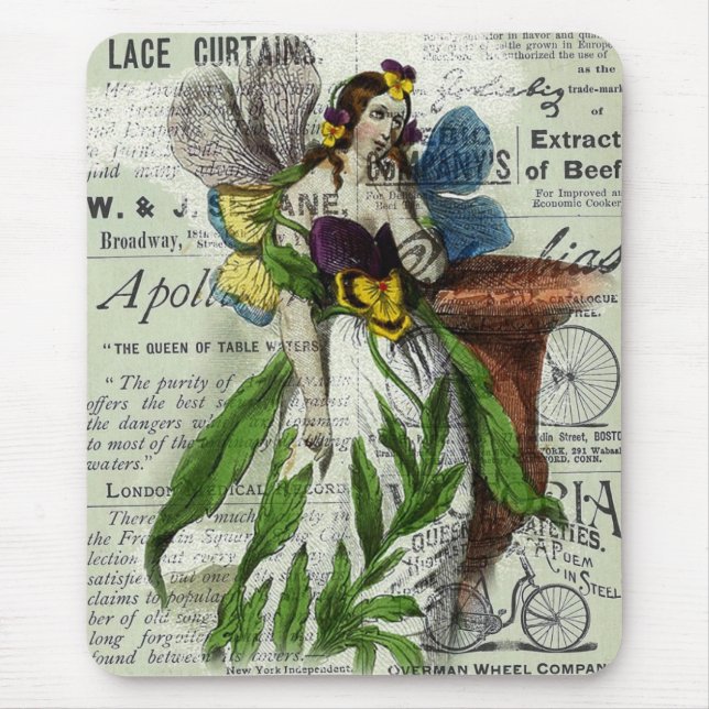 Flower Fairy and Vintage Newspaper Collage Mouse Mat (Front)