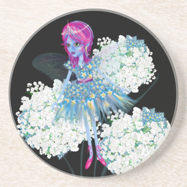 Flower Fairy Art by LeahG blue pink black white Coaster (Front)