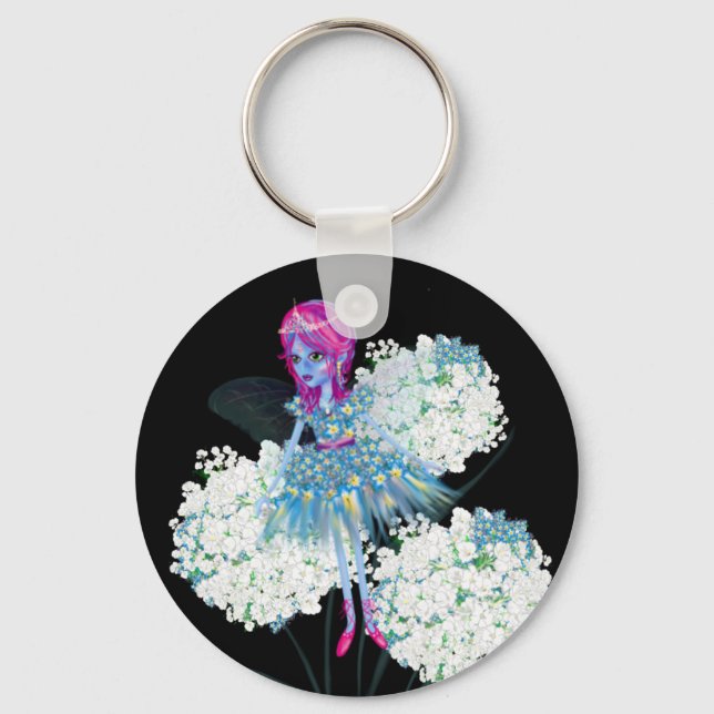 Flower Fairy Art by LeahG blue pink black white Key Ring (Front)