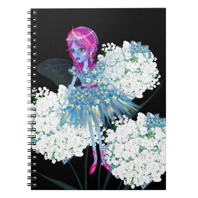 Flower Fairy Art by LeahG blue pink black white Notebook (Front)