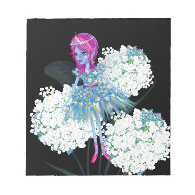 Flower Fairy Art by LeahG blue pink black white Notepad (Front)