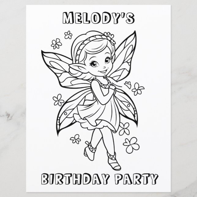 Flower fairy birthday party coloring activity  (Front)