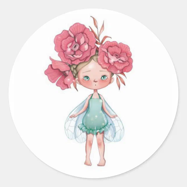 Flower fairy girl classic round sticker | Zazzle