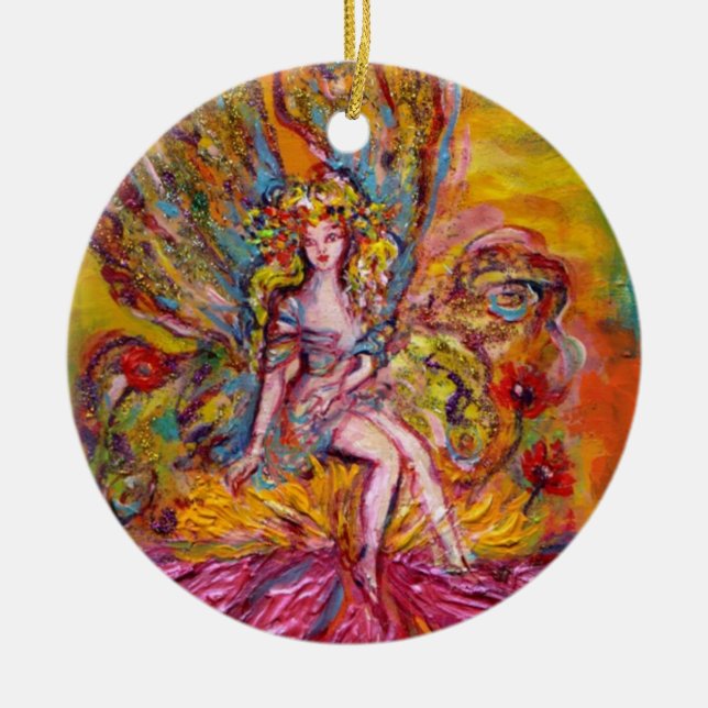 FLOWER FAIRY ON PINK IRIS Purple Gemstone Fantasy Ceramic Tree Decoration (Front)
