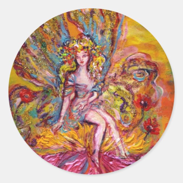 FLOWER FAIRY ON THE PINK IRIS fantasy Classic Round Sticker (Front)