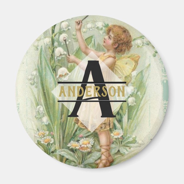 Flower Fairy Snowbells Vintage Art Monogram Named Magnet (Front)