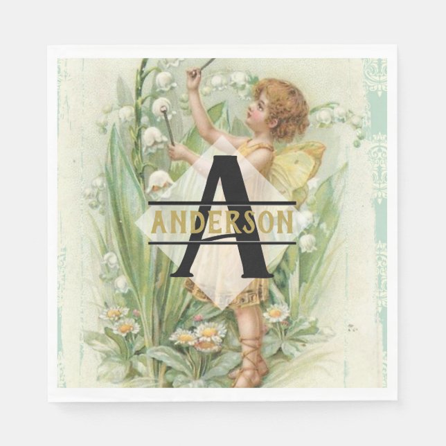 Flower Fairy Snowbells Vintage Art Monogram Named Napkin (Front)