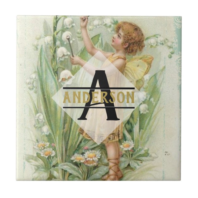Flower Fairy Snowbells Vintage Art Monogram Named Tile (Front)