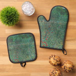 Flower Field in Litzlberg Klimt, Vintage Landscape Oven Mitt & Pot Holder Set