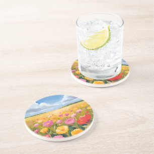 Flower Field Landscape Painting Watercolor Coaster