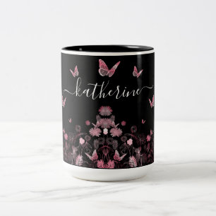 Flower field with butterflies Two-Tone coffee mug