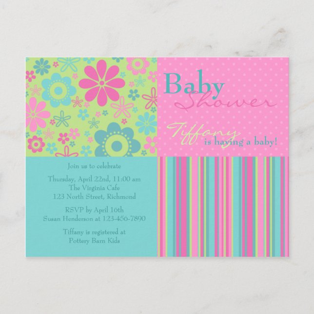 Flower Fizz Pink & Blue • Baby Shower Invitation (Front)