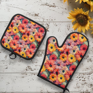Flower Floral Gerber Daisy  Oven Mitt & Pot Holder Set