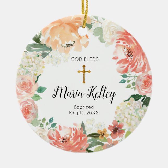 Flower Floral Personalised Girl Baptism Ornament (Front)