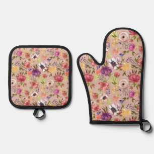 Flower Floral Pink Pattern Oven Mitt & Pot Holder Set