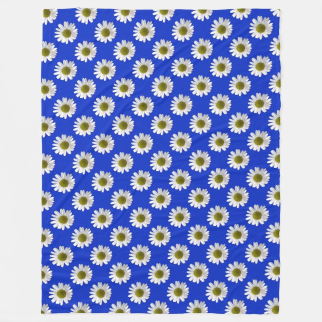 Flower floral print daisies on cobalt blue fleece blanket (Front)