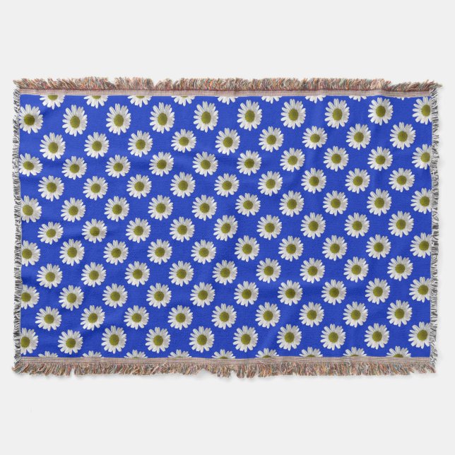 Flower floral print daisies on cobalt blue throw blanket (Front)