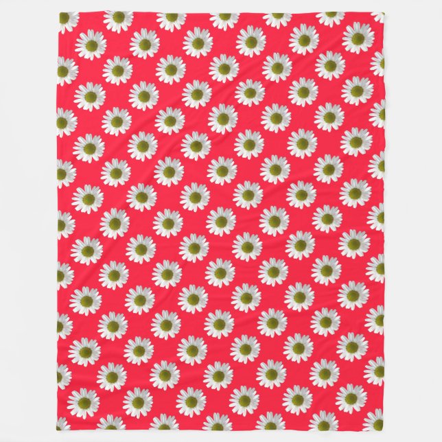 Flower floral print daisies on red pink fleece blanket (Front)
