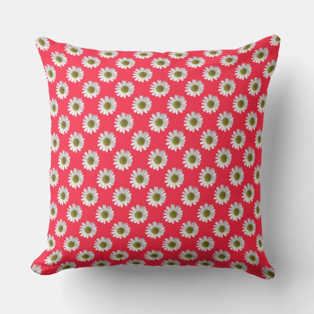 Flower floral print daisies on red pink outdoor cushion (Front)