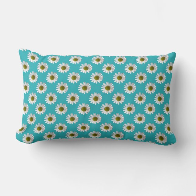 Flower floral print daisies on turquoise lumbar cushion (Front)