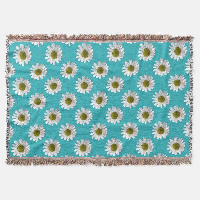Flower floral print daisies on turquoise throw blanket (Front)