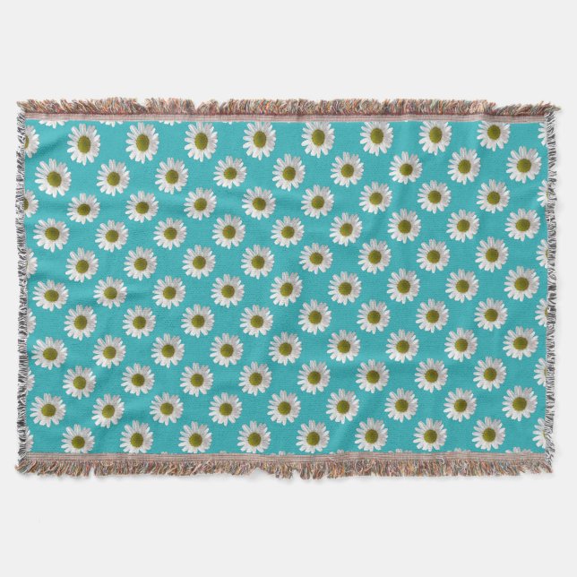 Flower floral print daisies on turquoise throw blanket (Front)
