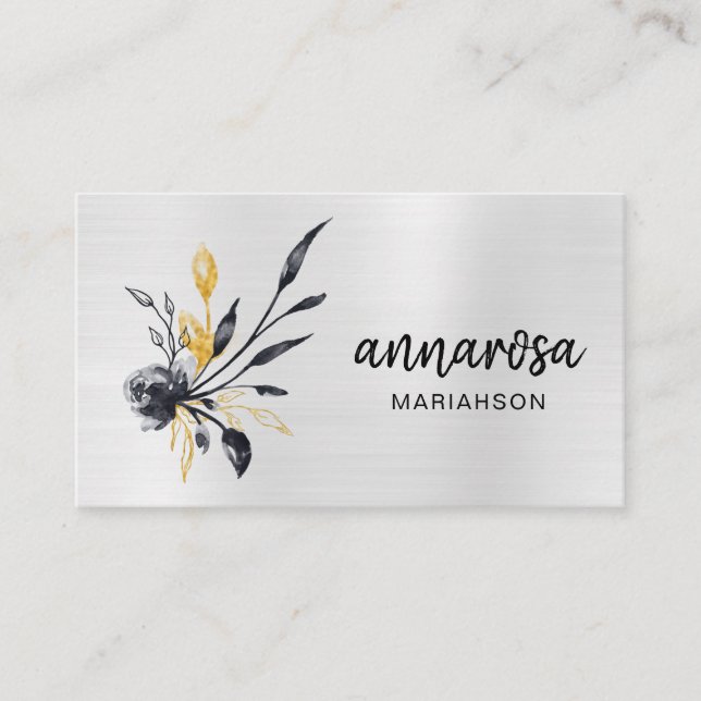 *~* Flower Floral Silver LOGO PHOTO Gold QR Business Card (Front)