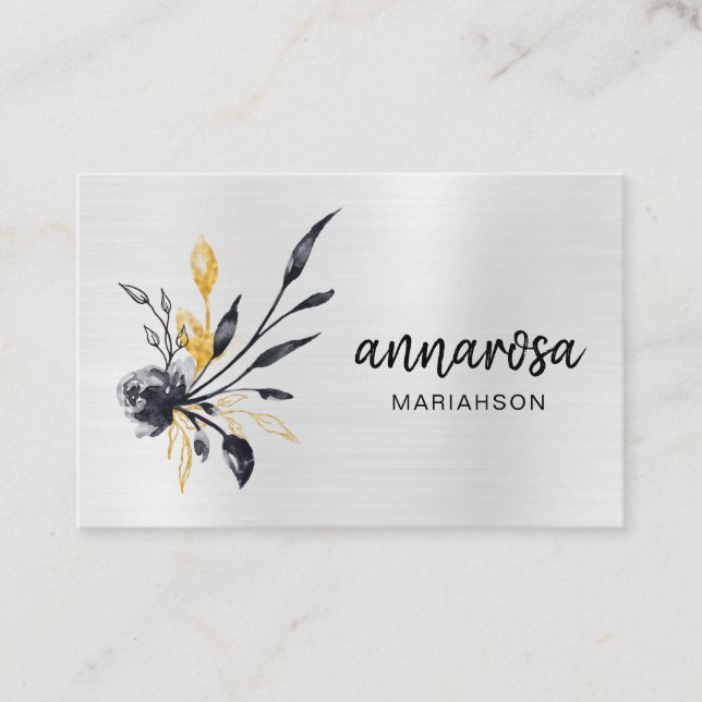 *~* Flower Floral Silver LOGO QR Gold PHOTO Business Card (Front)