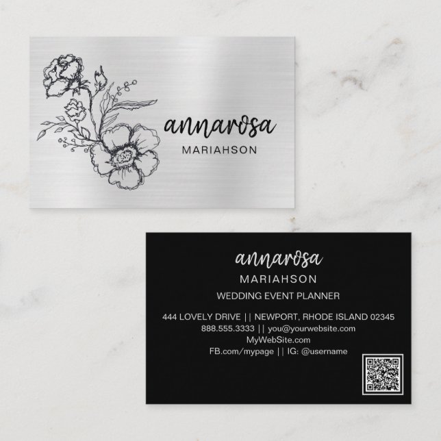 *~* Flower Floral Silver QR LOGO PHOTO Elegant  Business Card (Front/Back)