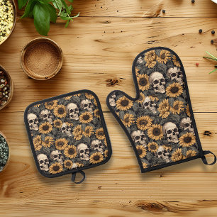 Flower Floral Sunflower Skull Goth Oven Mitt & Pot Holder Set