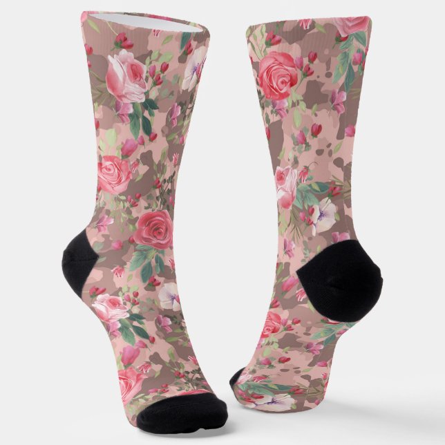 Flower Floral Watercolor Camouflage Rose Gold Pink Socks (Angled)