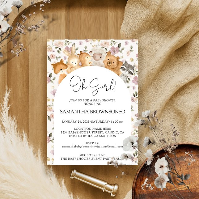 Flower Forest Animals Budget Oh Girl Baby Shower Invitation (Creator Uploaded)