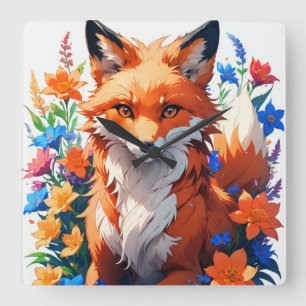 Flower Fox Square Wall Clock