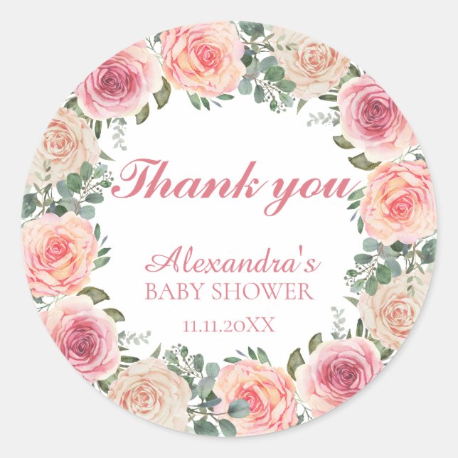 Flower Frame Baby Shower Thank you Classic Round Sticker (Front)