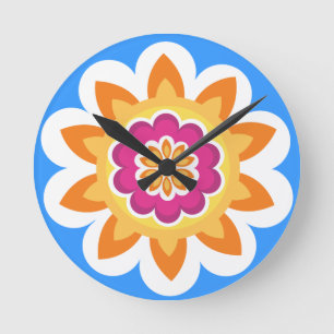 Flower Fusion_Geometric Sunburst_Poppy Fuchsia_bl Round Clock